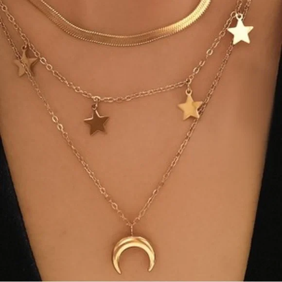New 18k Gold Plated Stars & Crescent Moon Pendant Layered Necklace - Picture 2 of 2